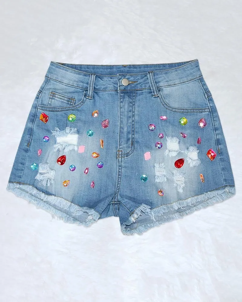Premium Rhinestone Embellished Raw Hem Denim Shorts