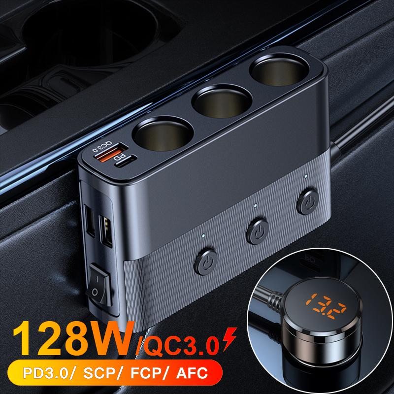 128W Car Phone Charger Lighter Adapter PD30W QC3.0 Multi Ports Quick Charge USB Charging Socket with Switch