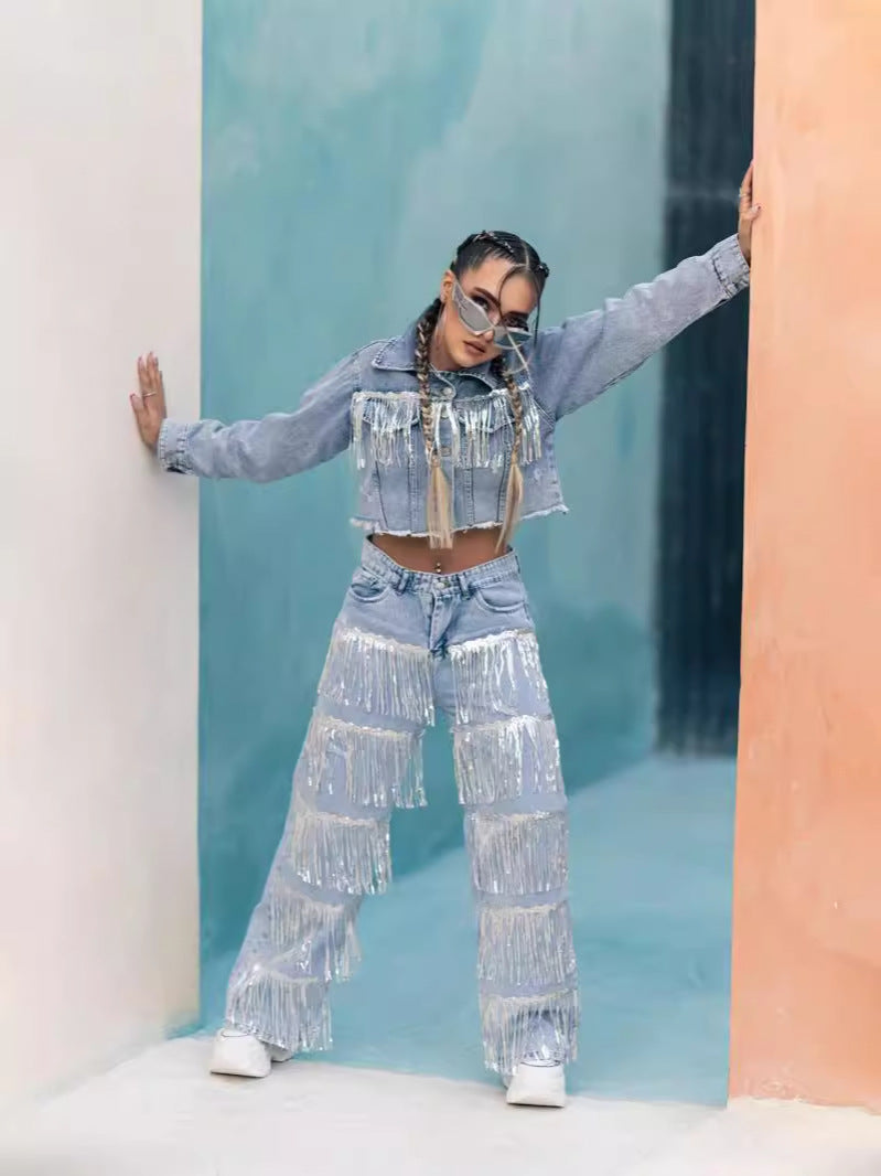 Womens High Waisted Straight Wide Leg Sequin Tassels Jeans