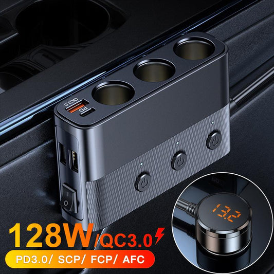 128W Car Phone Charger Lighter Adapter PD30W QC3.0 Multi Ports Quick Charge USB Charging Socket with Switch