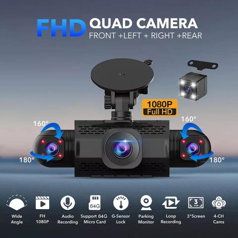 4 Channel Dash Cam 360° Dash Camera HD 1080P 4 Lens Driving Recorder w/32G Card/64G Card